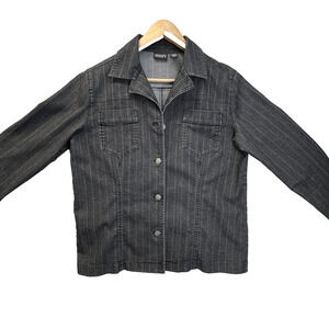 Chicos Womens Denim Jacket Pinstriped Sz 1 Biker Classic Y2K